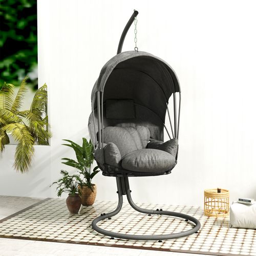 Outsunny Hanging Egg Chair w/ Stand Retractable Canopy, Grey