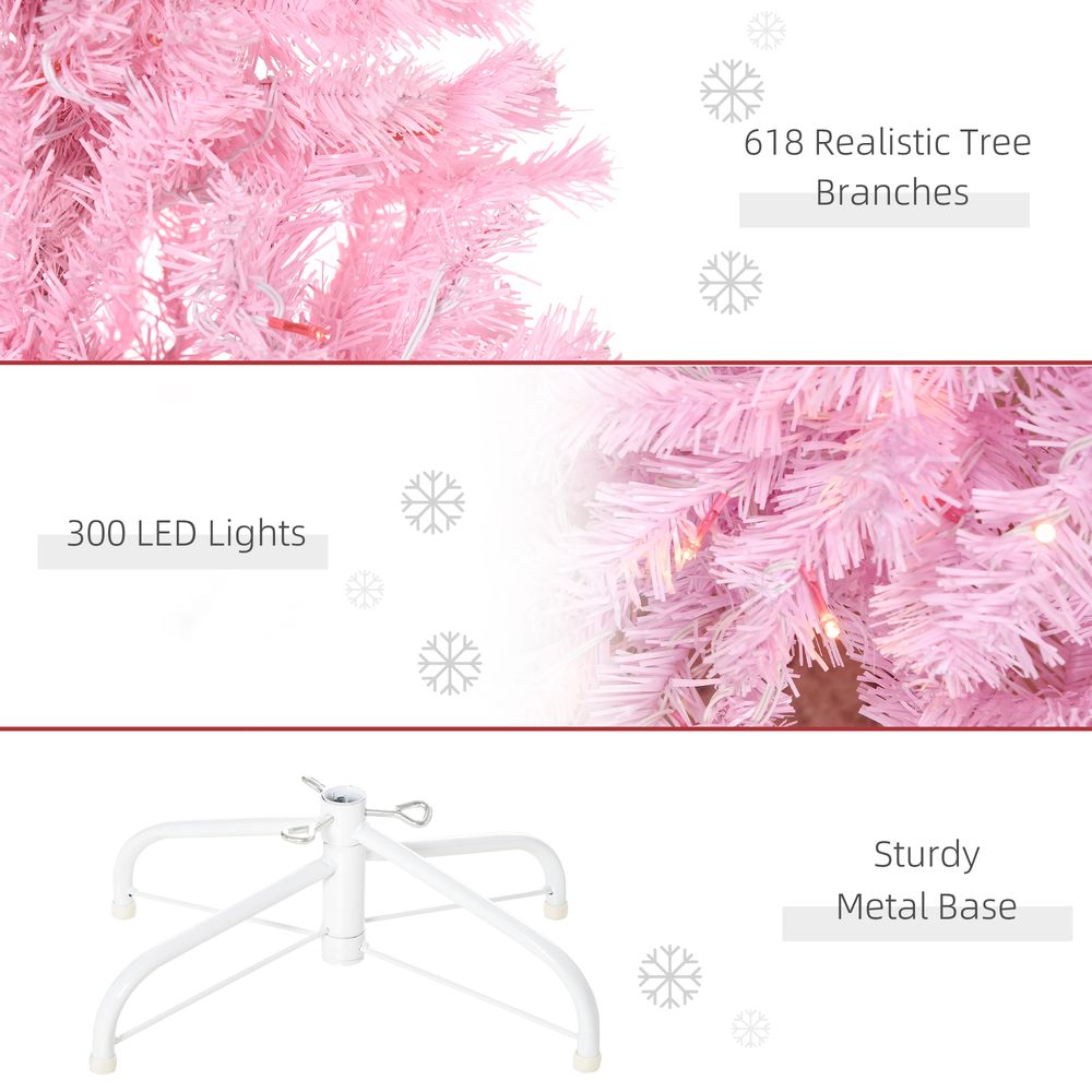 6FT Pre-lit Pink Artificial Christmas Tree - 300 LED Lights - Flame Retardant PVC - Easy Assembly - Metal Base Included