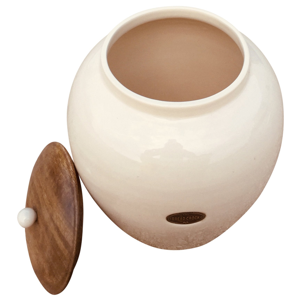 Cream Ceramic Bread Bin - Large Glazed Finish with Wooden Lid - High Quality - 31cm x 31cm x 37cm