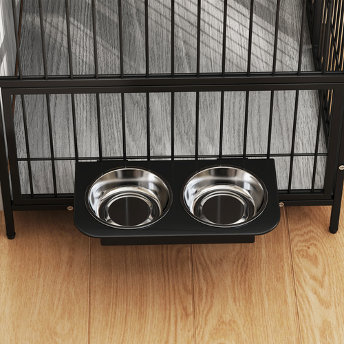 PawHut Dog Crate Furniture with Rotating Bowl Holder for Medium Dogs, Grey