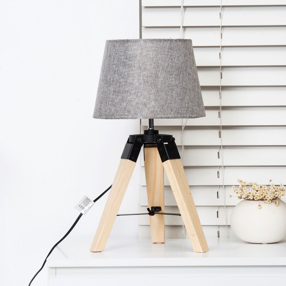HOMCOM Wooden Tripod Table Lamp for Side, Desk or End Table with E27 Bulb Base (Grey Shade)