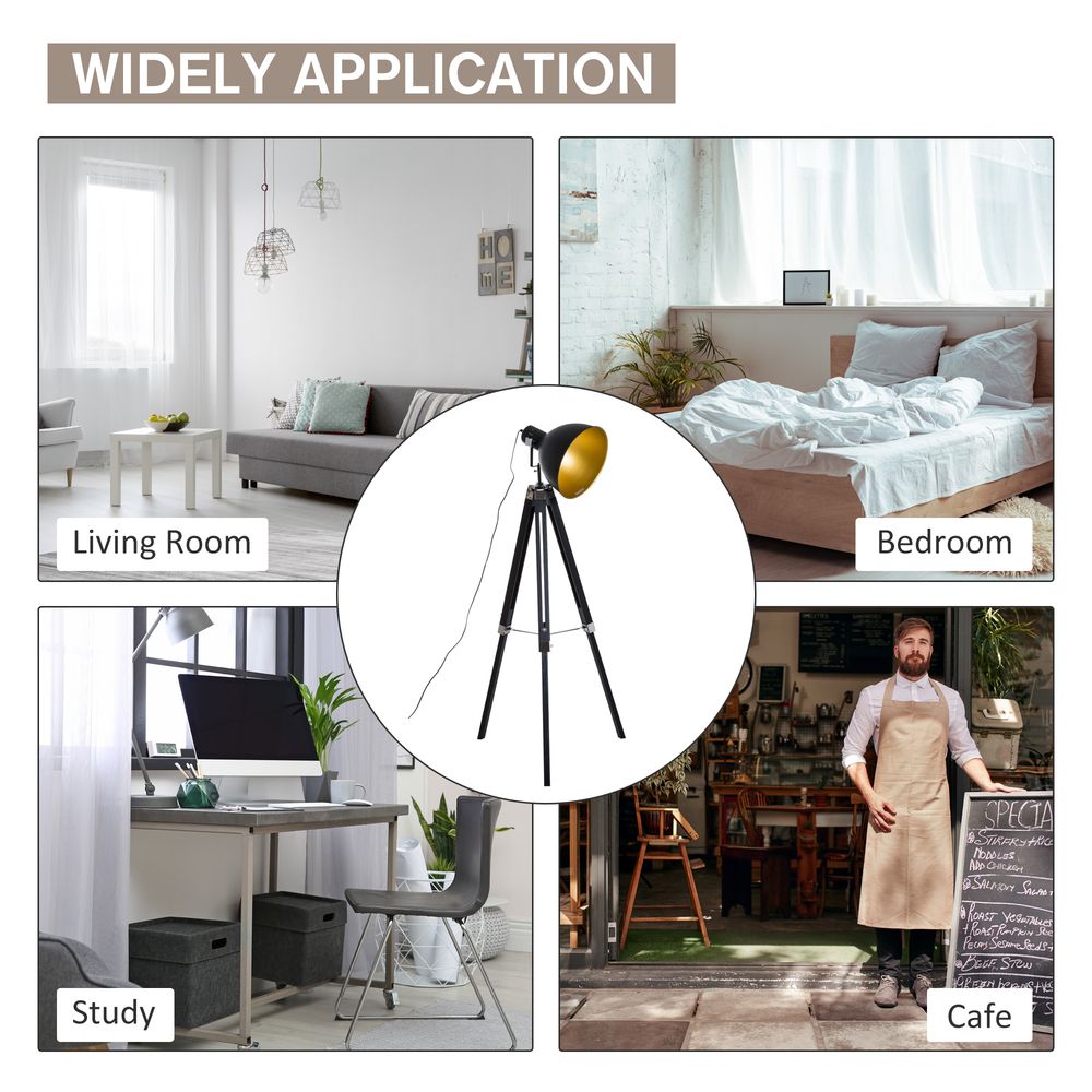 Retro Tripod Floor Lamp Dome Shade Light Wooden Legs-Black/Gold