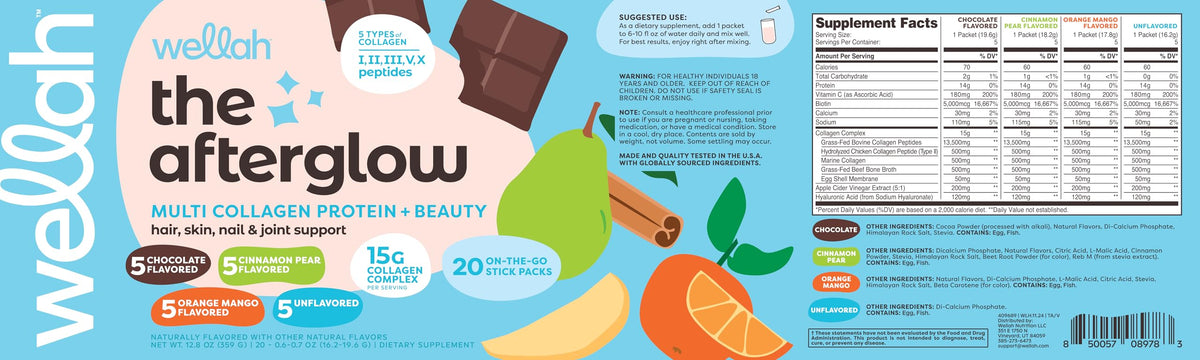Wellah The Afterglow Multi Collagen Protein + Beauty (Variety Pack) 20 Stickpacks - 15G Collagen Complex Per Serving