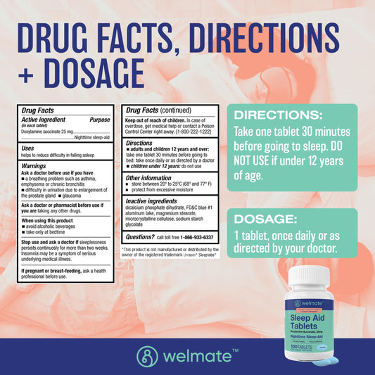 WELMATE Nighttime Sleep Aid 25 mg Doxylamine Succinate | 100 Tablets | Adults & 12+