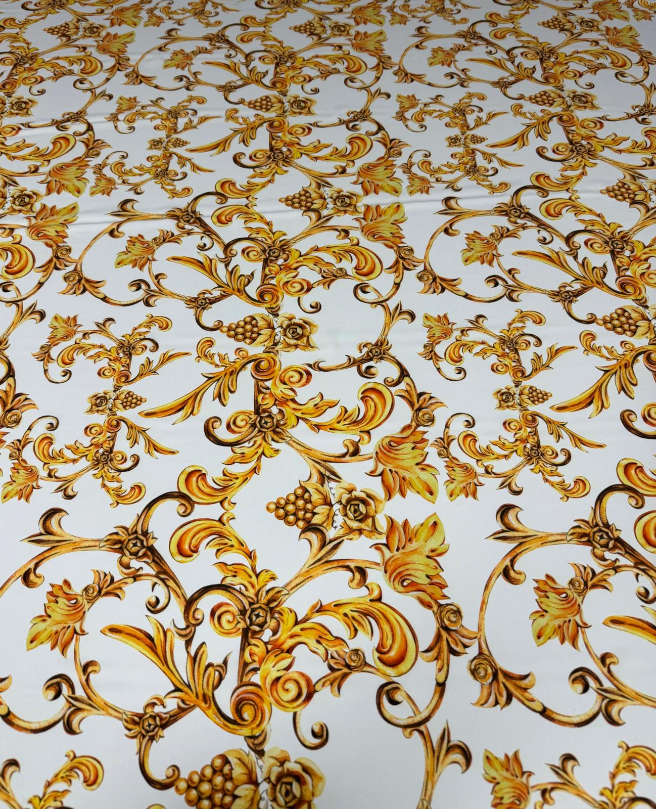 White and Gold Baroque Print Fabric By Metre
