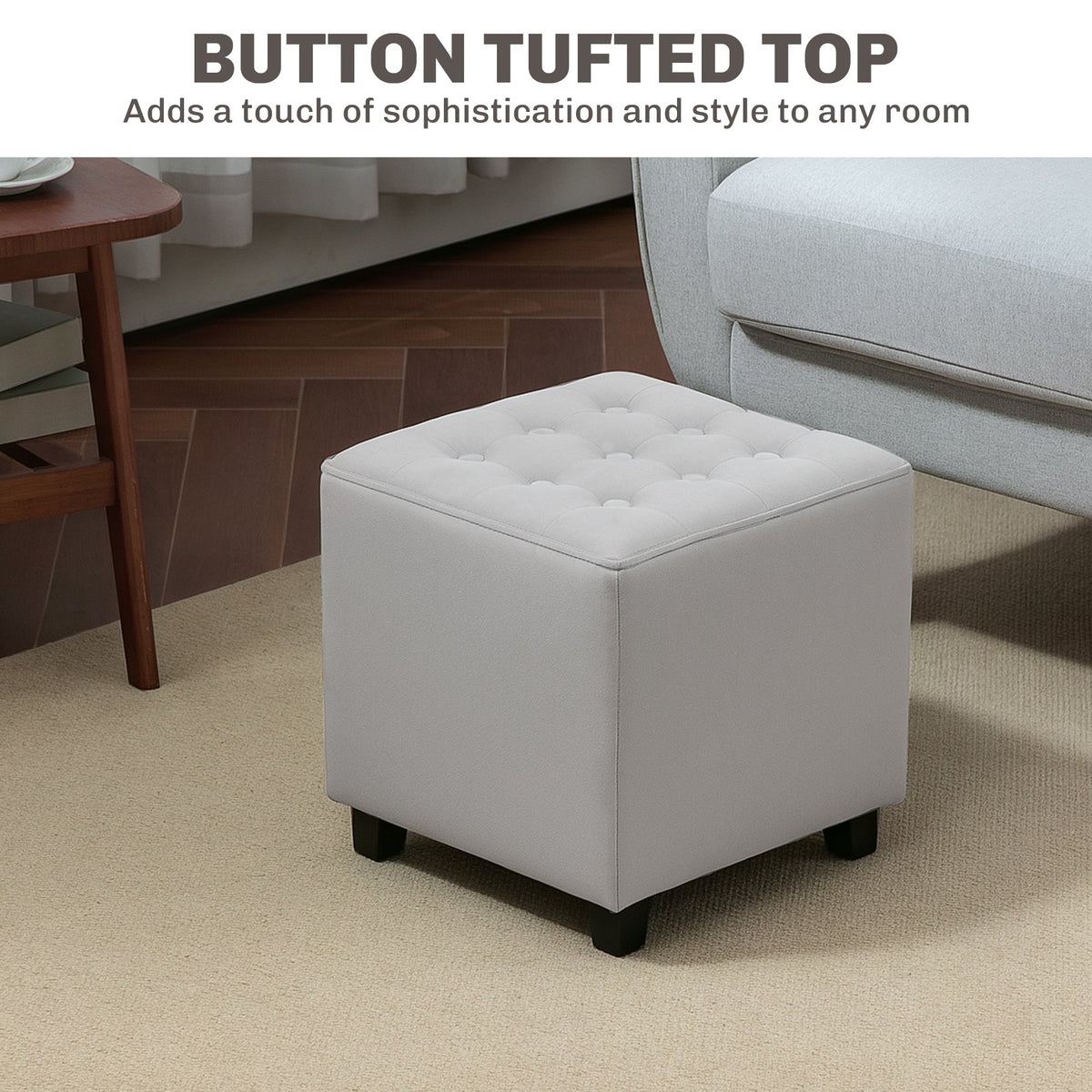 HOMCOM Square Footstool Small Ottoman w/ Wood Legs for Bedroom Light Grey