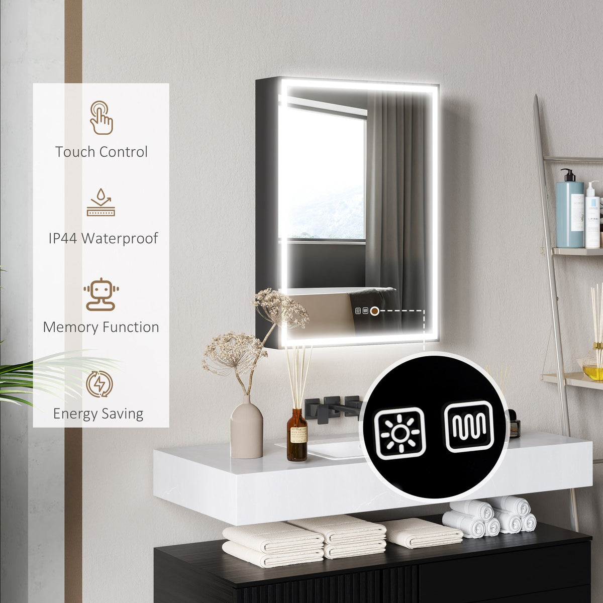 HOMCOM Bathroom Cabinet with Mirror, LED Lights and Demister Pad, Black
