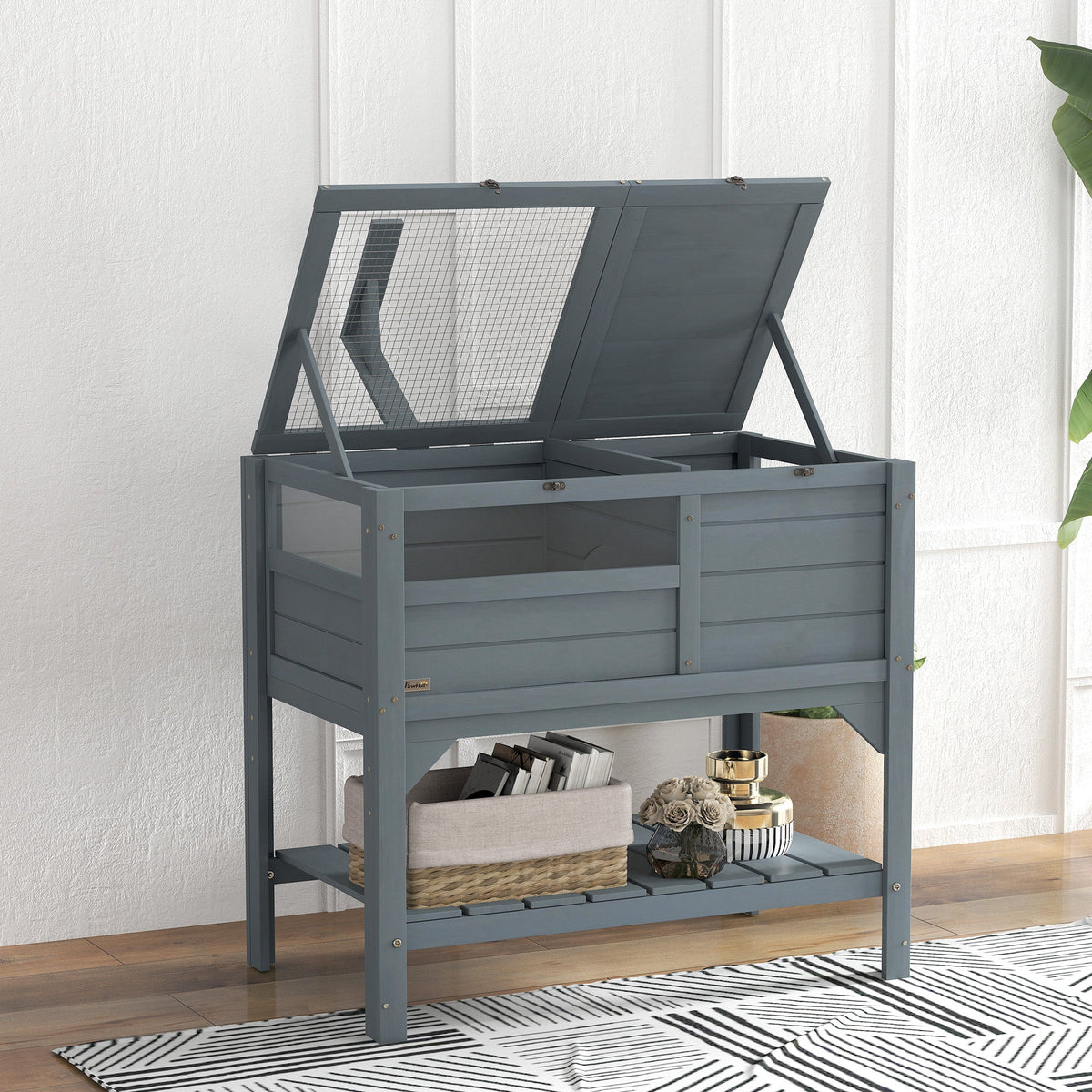 PawHut Wooden Tortoise House w/ Run, Shelter, Shelf, Lamp Holder, Grey