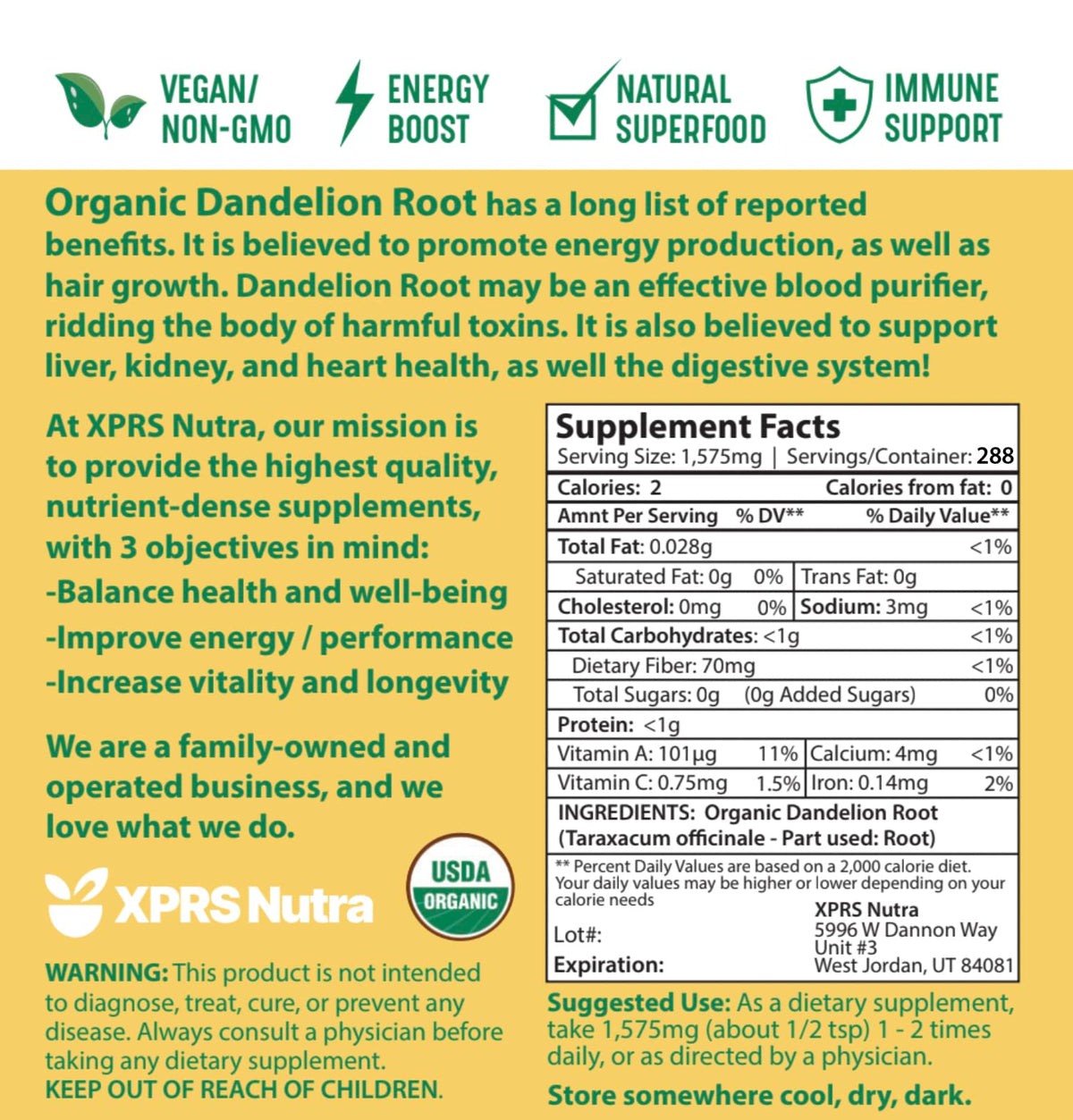 XPRS Nutra Organic Dandelion Root Powder - Vegan, Liver Support - 16 oz