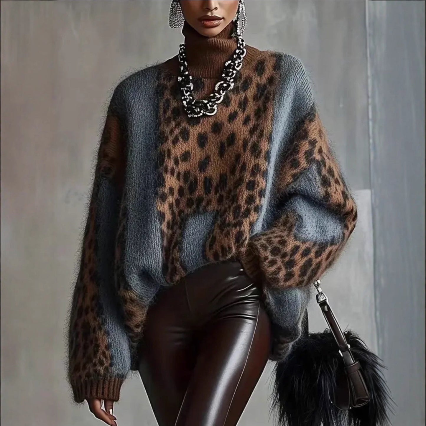 Leopard Print Loose Fit Vintage Patchwork Knit Sweater