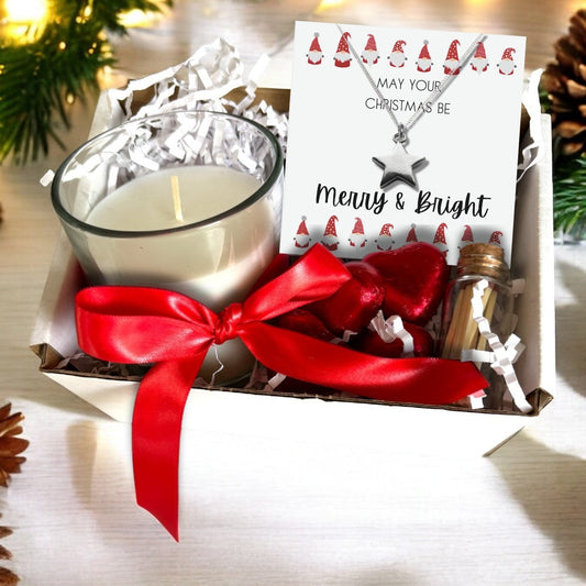 Aye Do Gifts Small Merry & Bright Christmas Gift Hamper - Silver Star Necklace, Chocolates & Candle