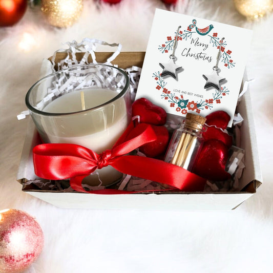 Aye Do Gifts Small Merry & Bright Christmas Gift Hamper - Silver Star Drop Earrings, Chocolates & Candle