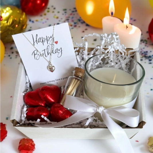 Aye Do Gifts Small Happy Birthday Gift Hamper - Silver Heart Necklace, Chocolates & Candle