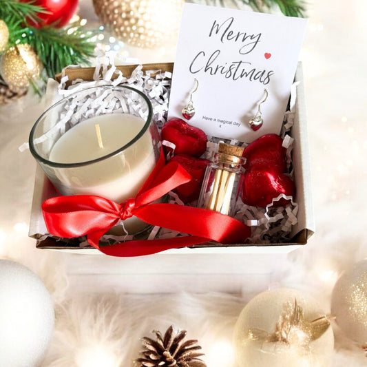 Aye Do Gifts Small Merry Christmas Gift Hamper - Silver Heart Drop Earrings, Chocolates & Candle