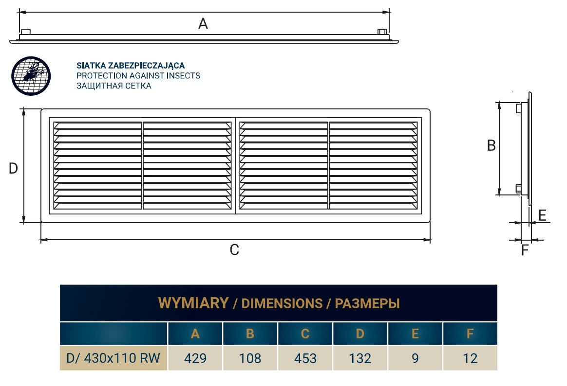 Louvre Vent D/430X110RW Classic 430mm X 110mm with Fly Screen Water Flow Control
