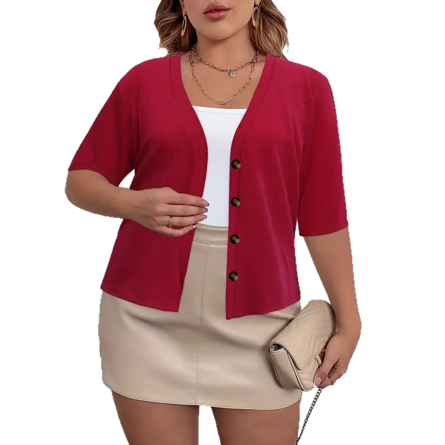 Elegant Half-Sleeve Slightly Stretchy Cardigan With Four Buttons