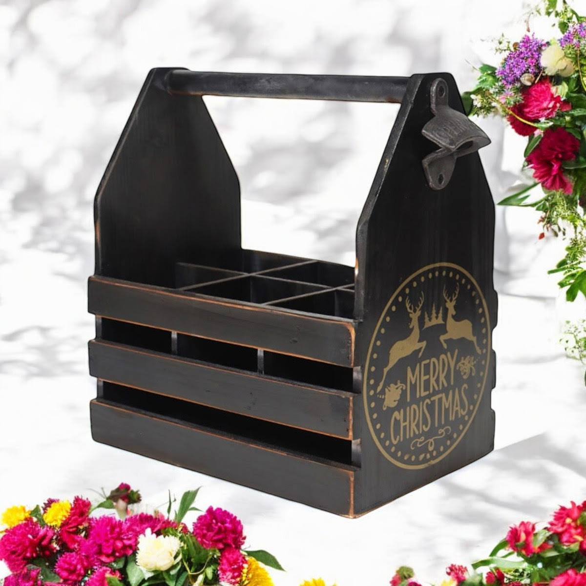 BLACK 6 BOTTLE HOLDER WITH METAL OPENER