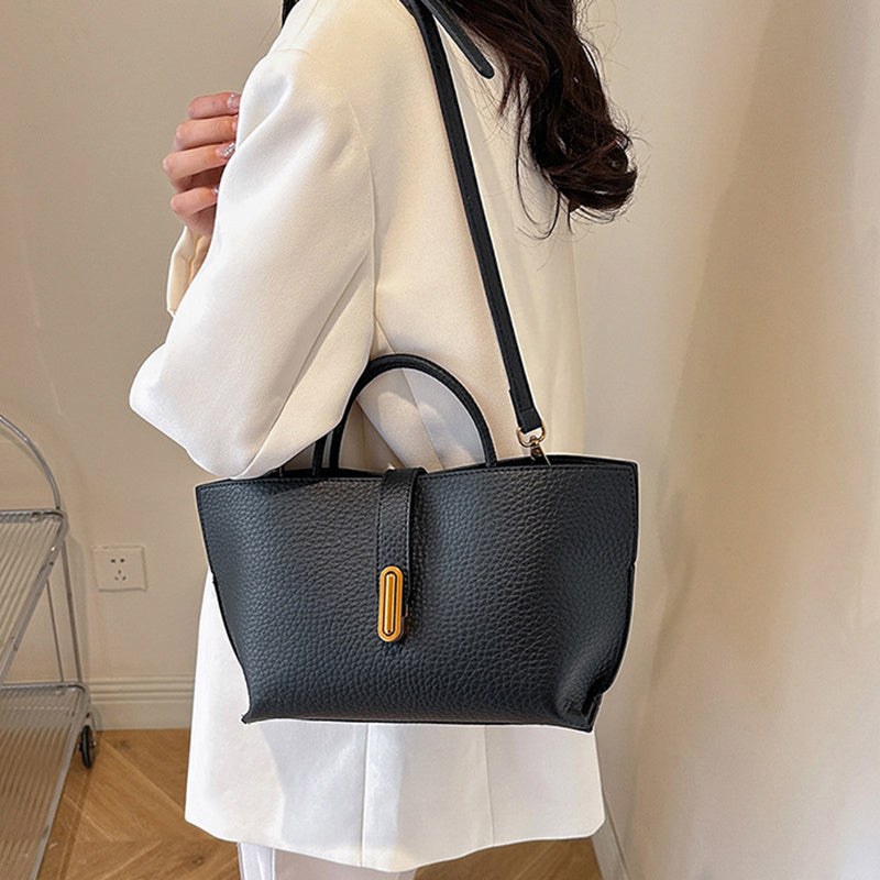 INS Litchi Pattern Shoulder Bag Fashion Zipper Bucket Bag High Capacity Totes Handbag For Women
