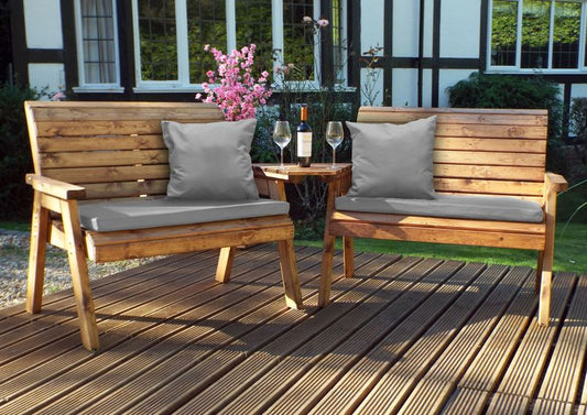 Charles Taylor Trading Twin Bench Set Angled With Grey Cushion Brown