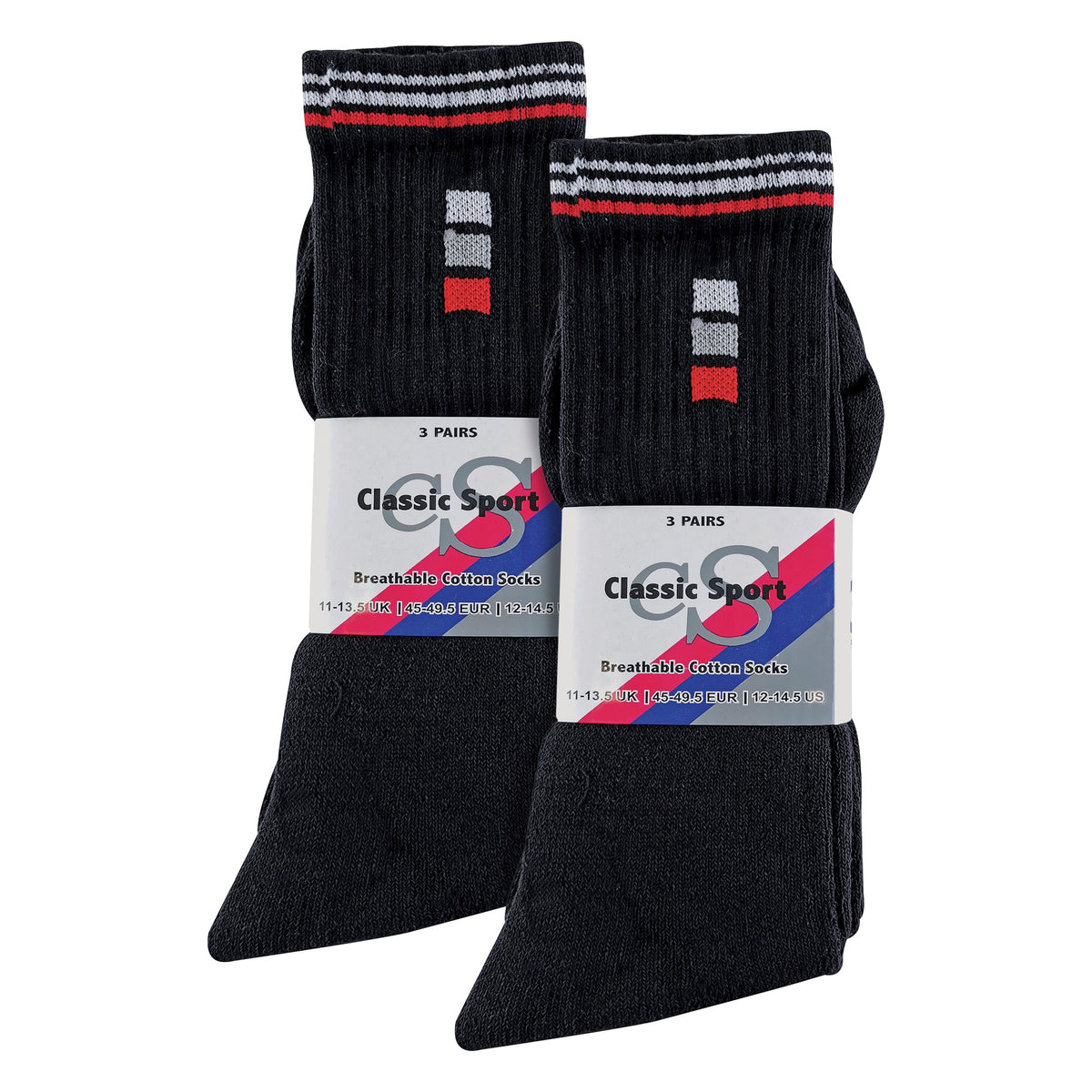 Mens Retro Stripe Cotton Sports Socks in White & Black (Multipack Options)