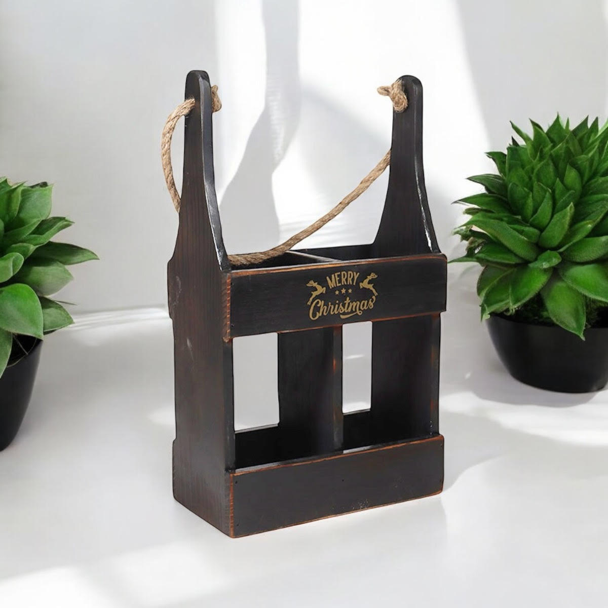 39CM WOODEN BLACK 2 BOTTLE WINE HOLDER