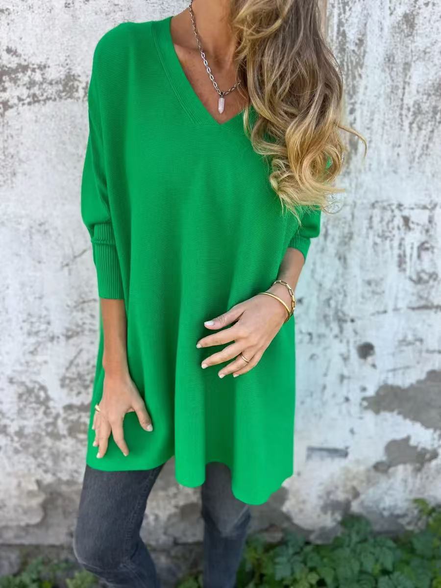 New Autumnwinter Women's Long-sleeve Knitted V-neck Loose-fitting Long Top