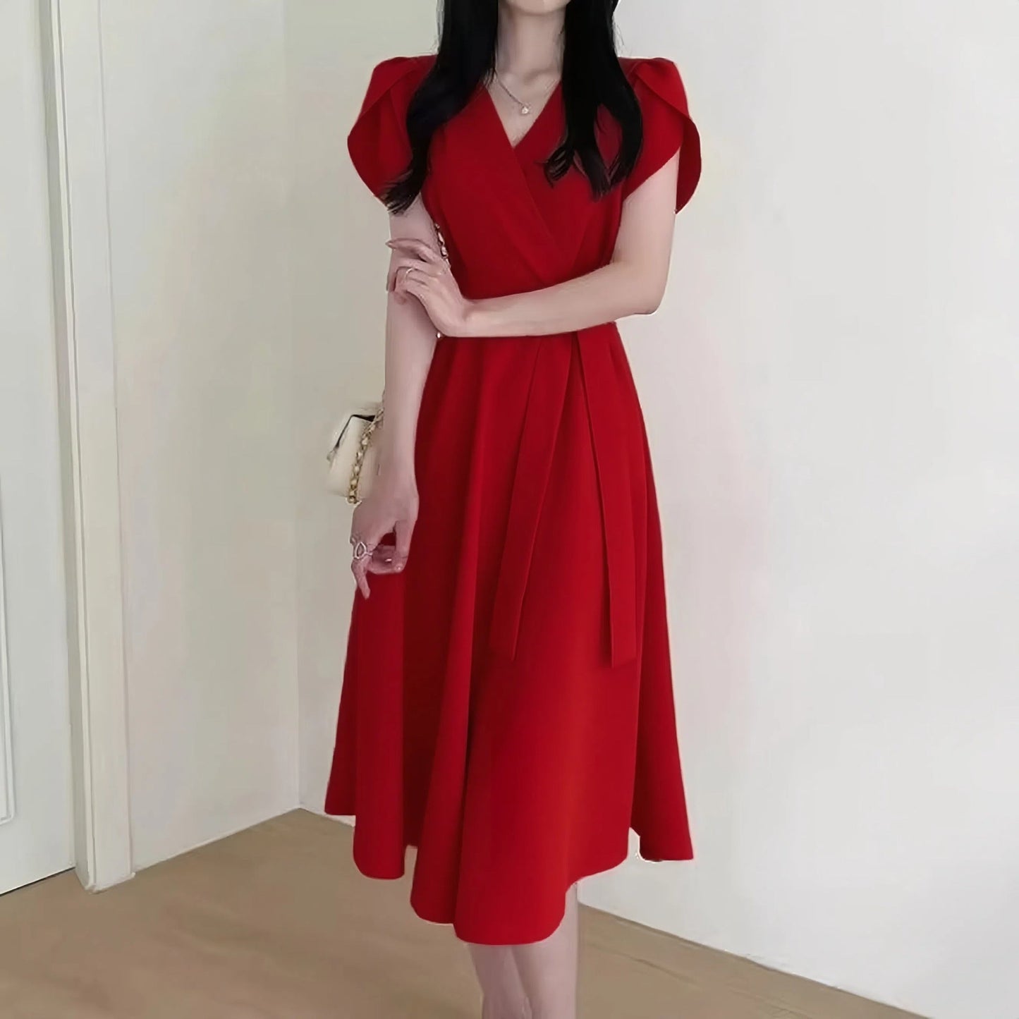 Women's Solid-Color French-Style Cross-Neckline Lace-Up Bud Dress