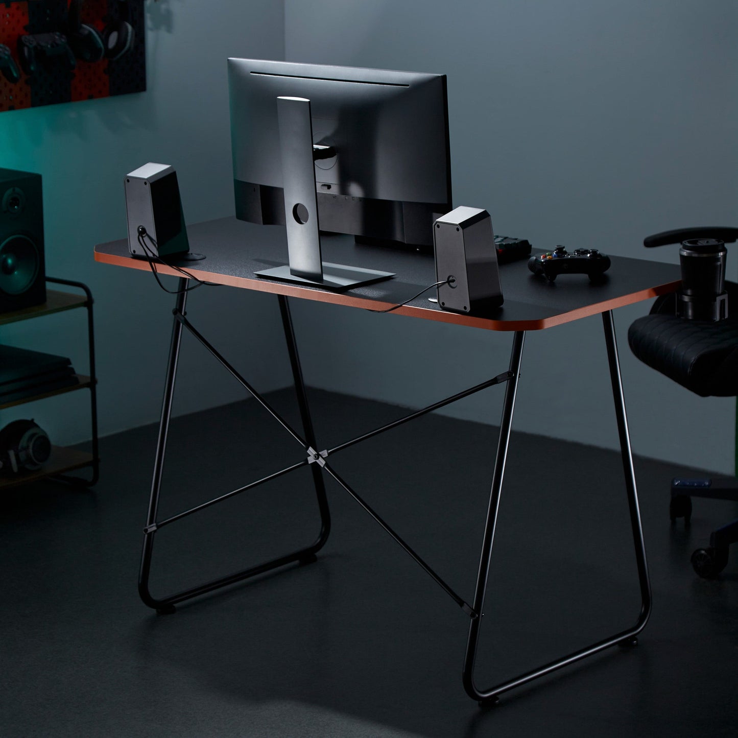 Maplin Gaming Desk with Headphone Hook & Cup Holder - Matte Black & Orange