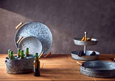 Drummond Round Galvanised Steel Tray With Wood Handles