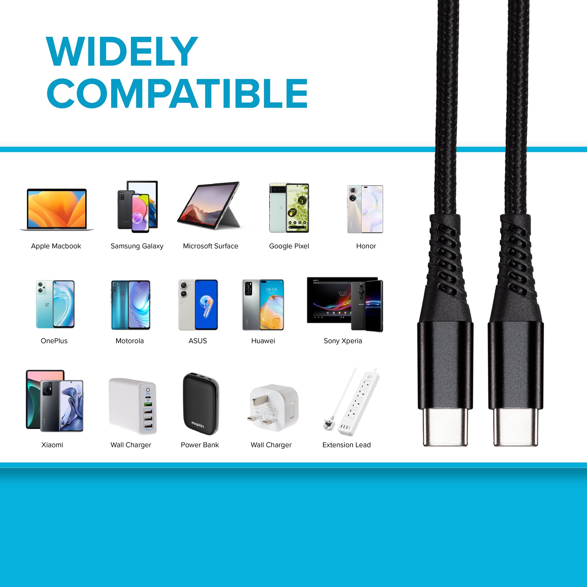 Maplin USB-C to USB-C 60W PD Braided Cable - Black