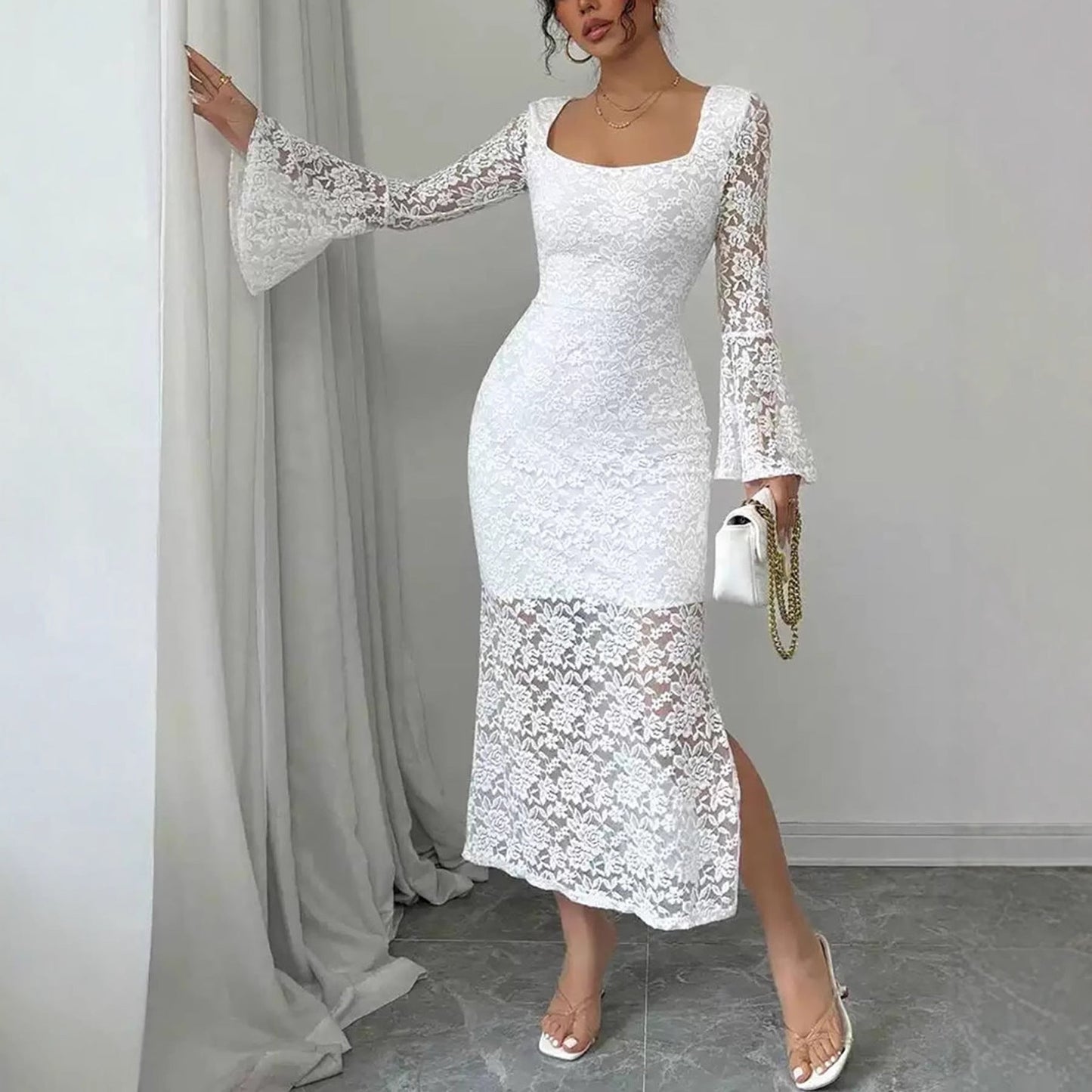 Fashionable Lace-Patchwork Square-Neck Flared-Sleeve Bodycon Dress
