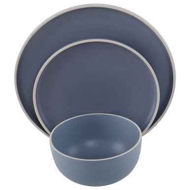 Elmira Twelve Piece Blue Stoneware Dinner Set With Grey Rim