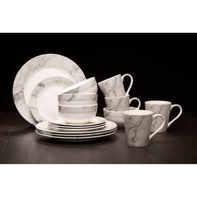 Avie 16 Piece White And Grey Marble Effect Dinner Set