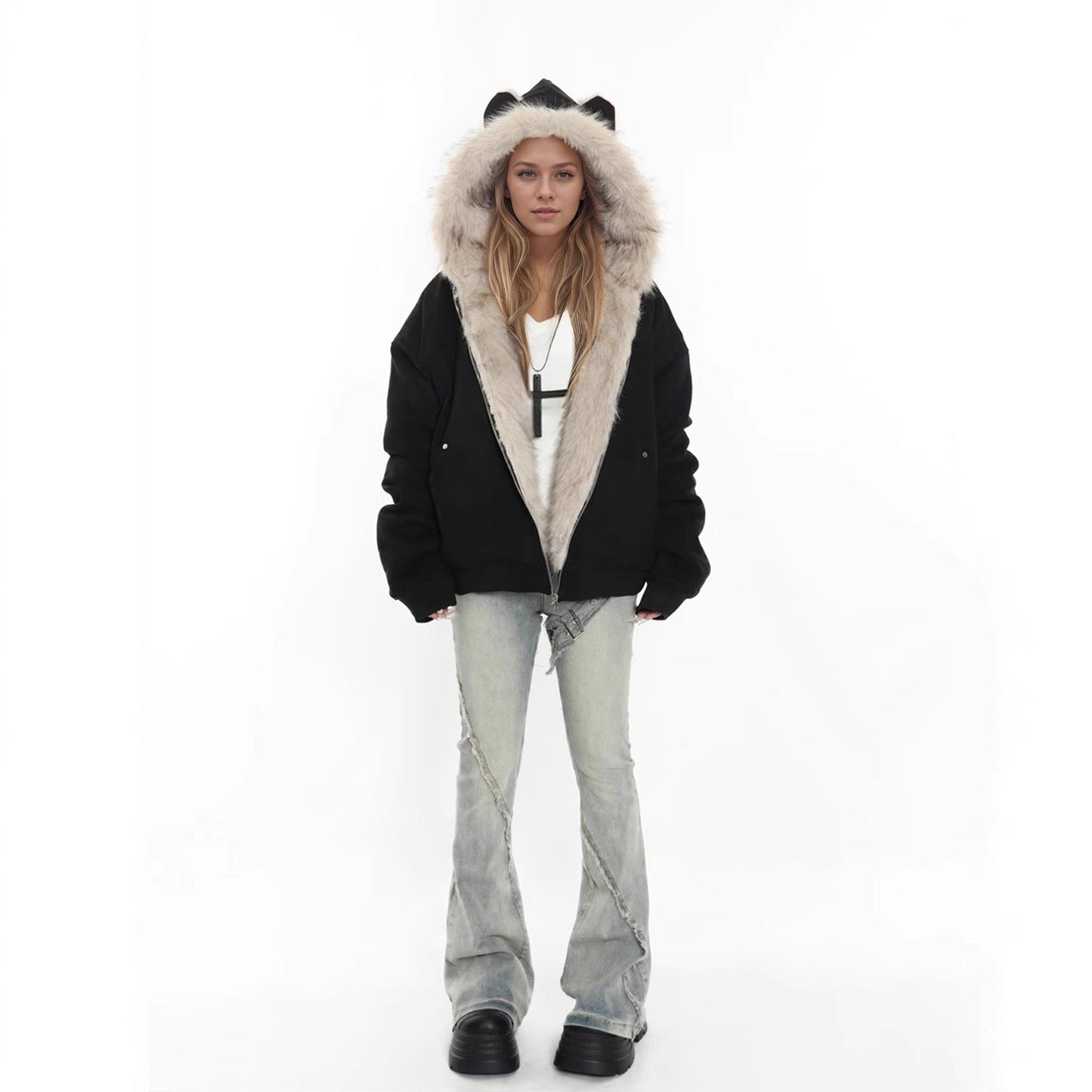 Winter Coat With A Fur Collar Made From Faux Suede For Warmth