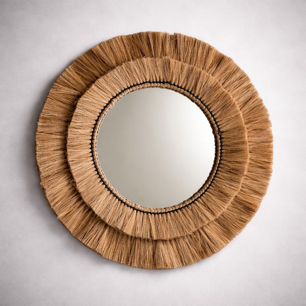 Natural Raffia Round Wall Mirror | 55cm Boho Coastal Fringe Mirror