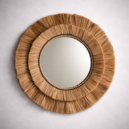 Natural Raffia Round Wall Mirror | 55cm Boho Coastal Fringe Mirror