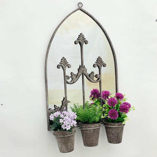MSL 60cm RUSTY WALL MIRROR WITH TRIPLE PLANTER Grey
