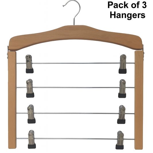 4 Tier Wooden Clothes Hanger Trouser Skirt Pants Organizer Clips Space Saver