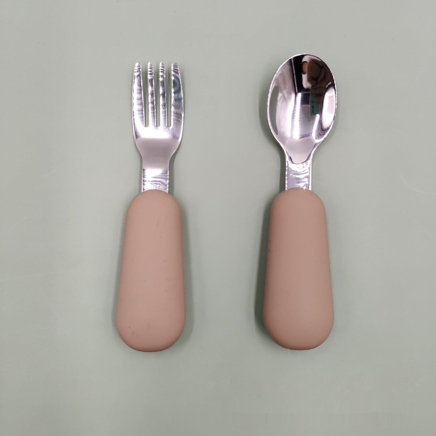Stainless Steel Baby Spoon Fork Set - Short Handle Silicone Grip