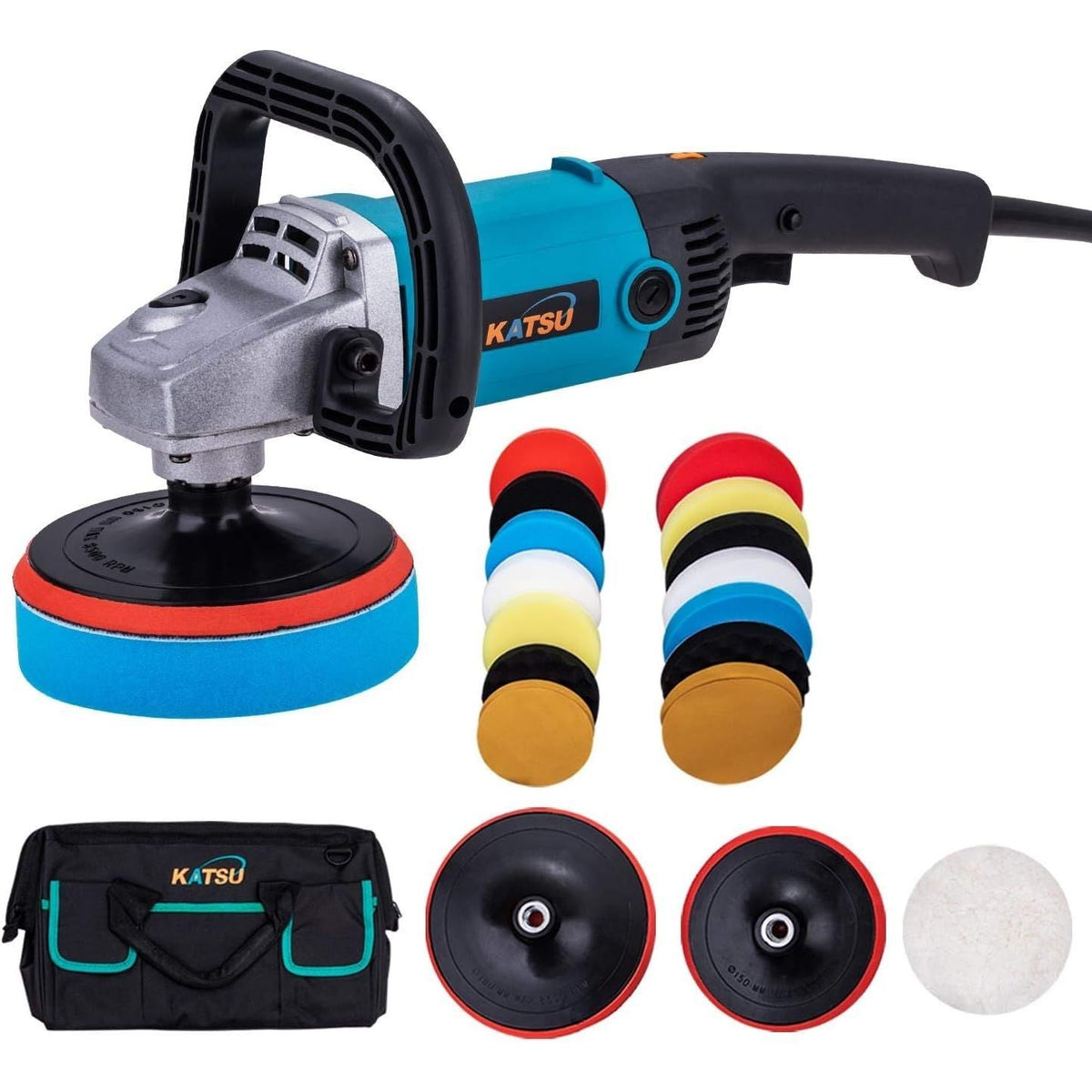 Car Polisher 1200W with 150mm 180mm Pads 20PCS Sponge Set Tool Bag KATSU