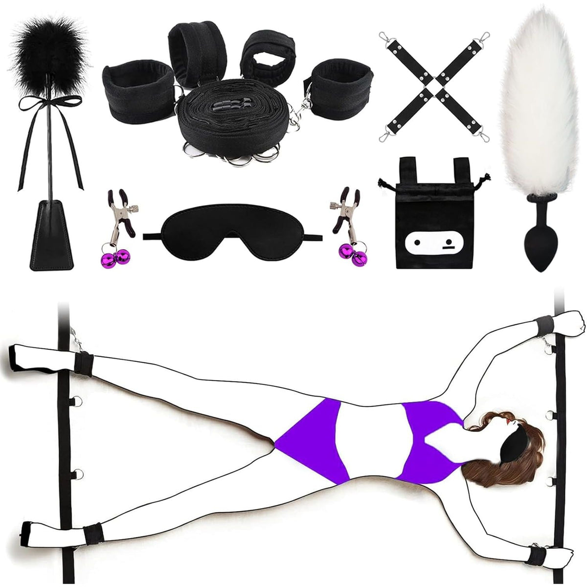 BDSM Bed Bondage Kit 12 Piece Set with Handcuffs Blindfold Feather