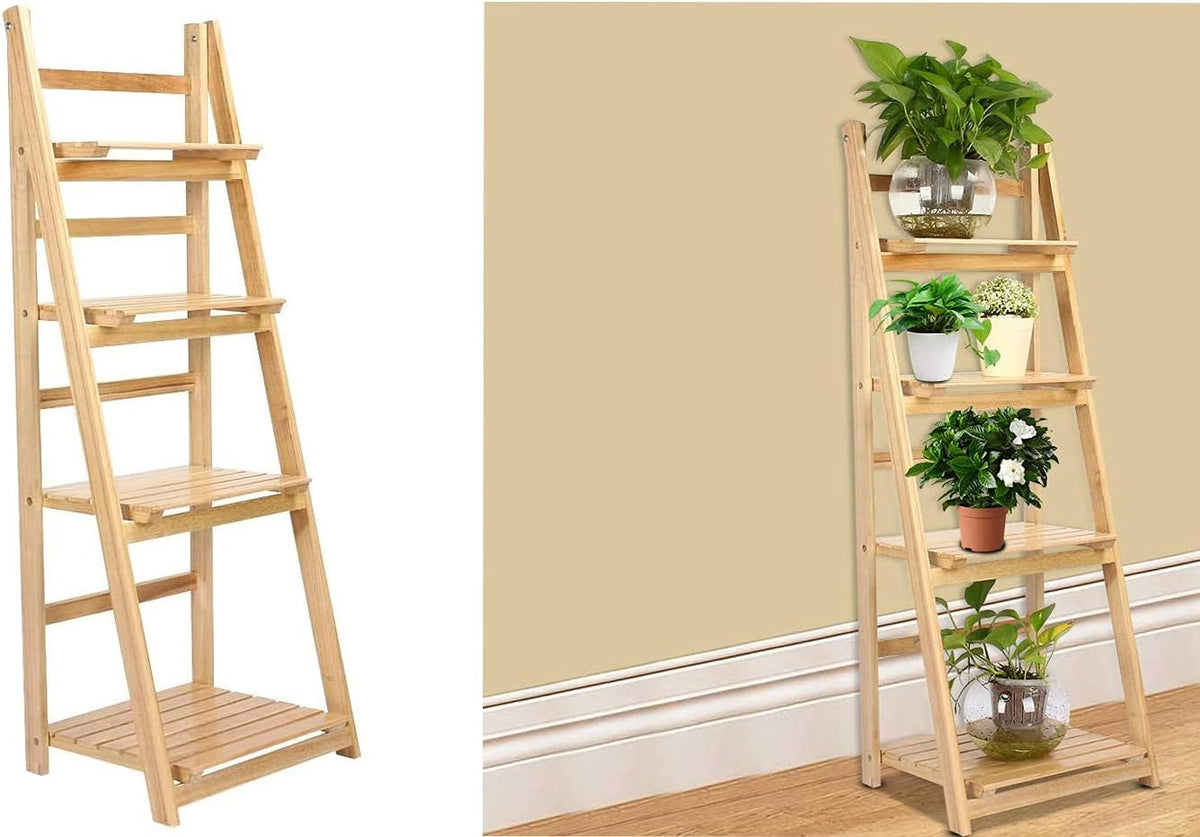 4-Tier Wooden Ladder Plant Stand – Foldable Flower Shelf, 112cm Height