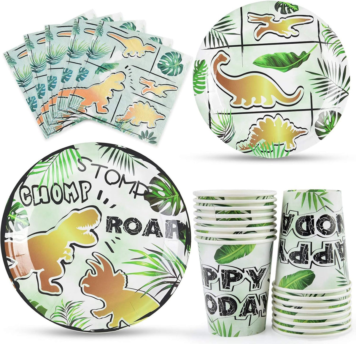 Party Tableware Set for Kids 16 Guests 66pcs Birthday Decorations Gold Dinosaur