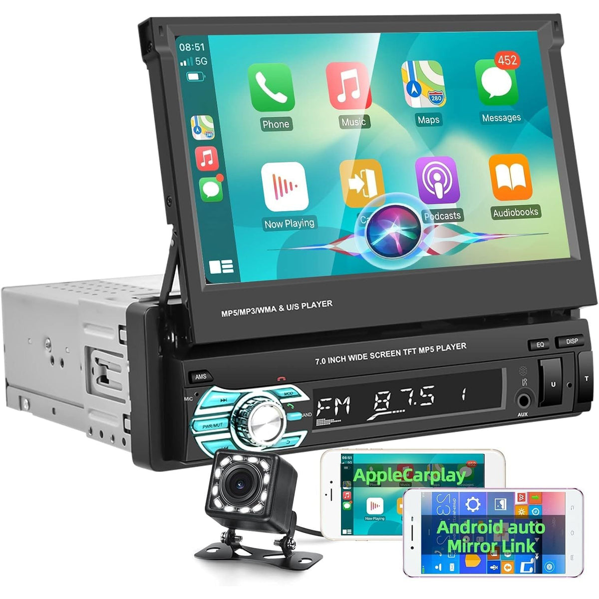 Single Din 7'' Touch Screen Car Stereo w/ CarPlay, Bluetooth, Android Auto, Camera