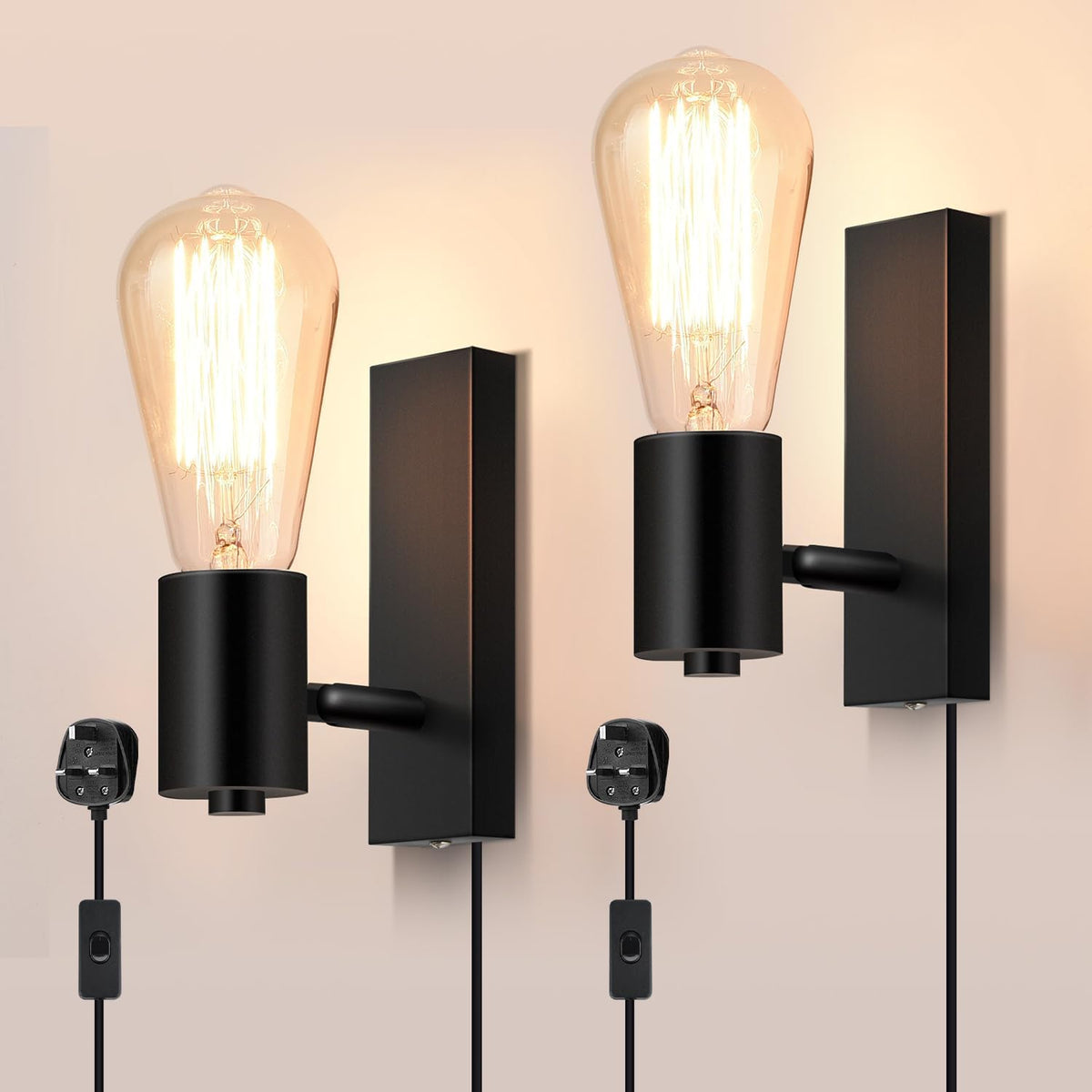 Lightsjoy 2-Pack Plug-In Wall Lights – Rotatable Black Industrial Sconces E27