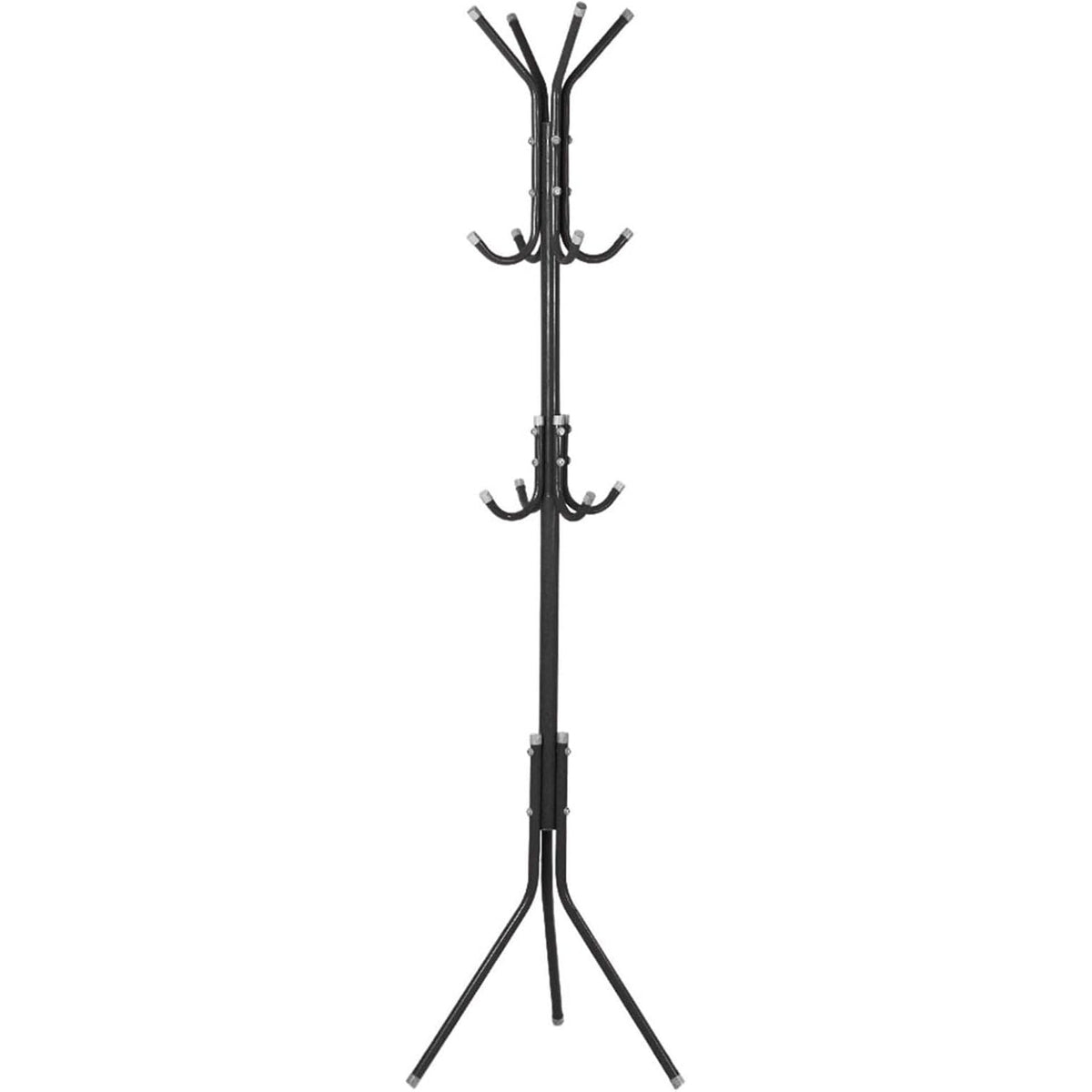 Steel Standing Coat Rack – 12 Hooks, Triangle Base, 68.5in Tall – Black