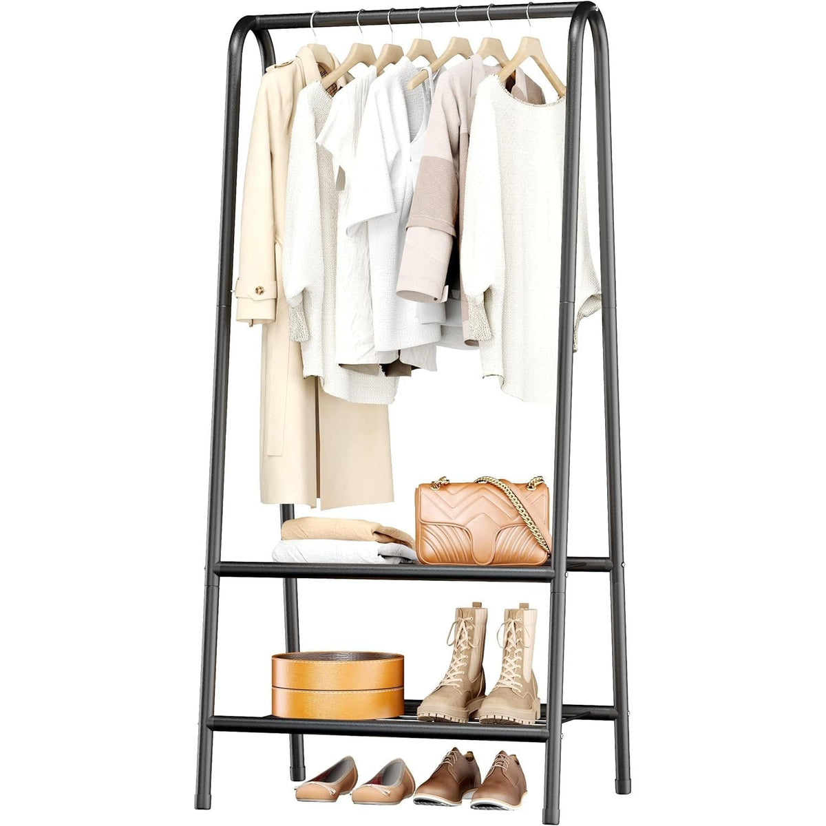 JOISCOPE Metal Clothes Rail with 2 Shelves, 62 Inch Sturdy Steel Pipe, Black
