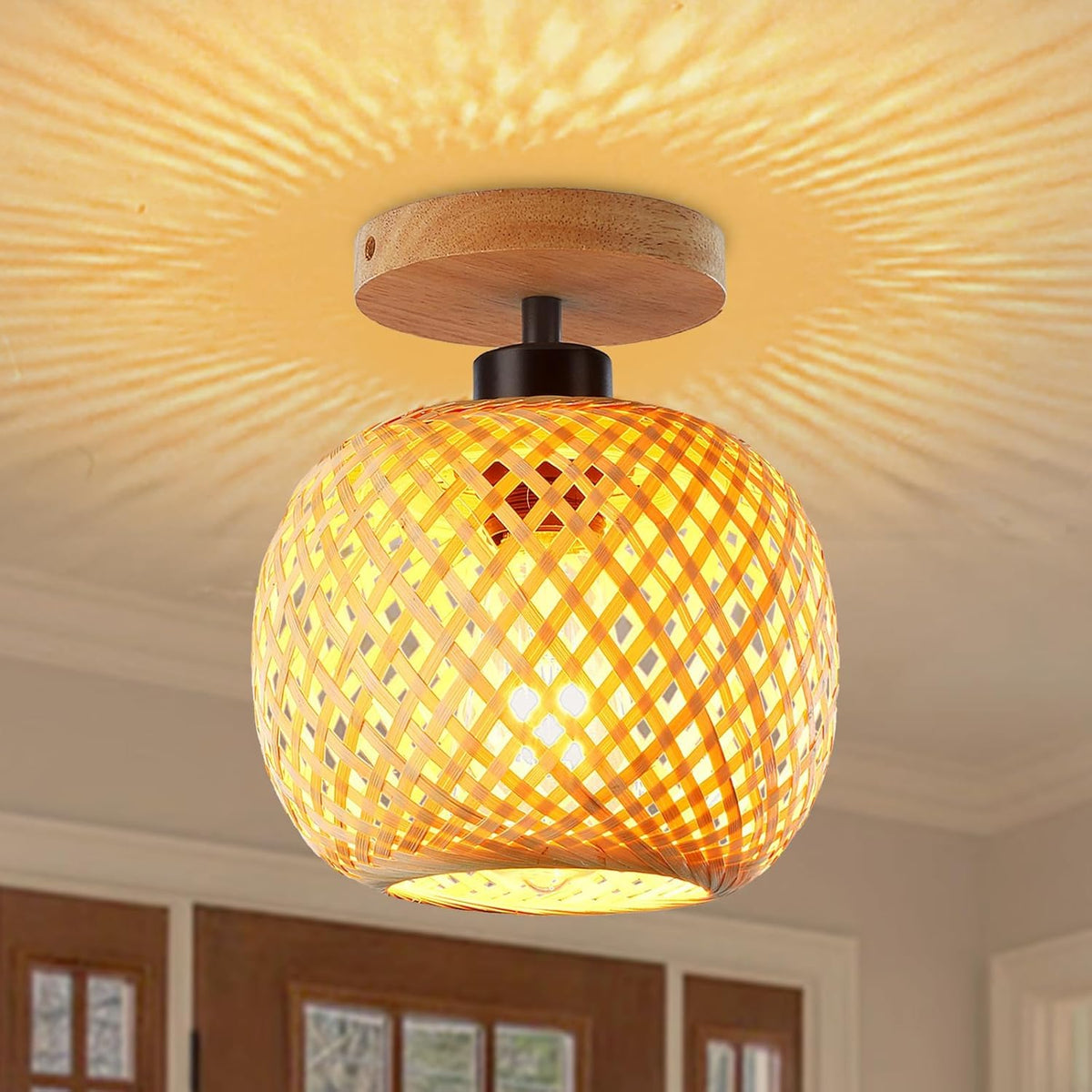 Bamboo Ceiling Light Boho Rattan Semi Flush Mount Farmhouse Fixture Mini Size