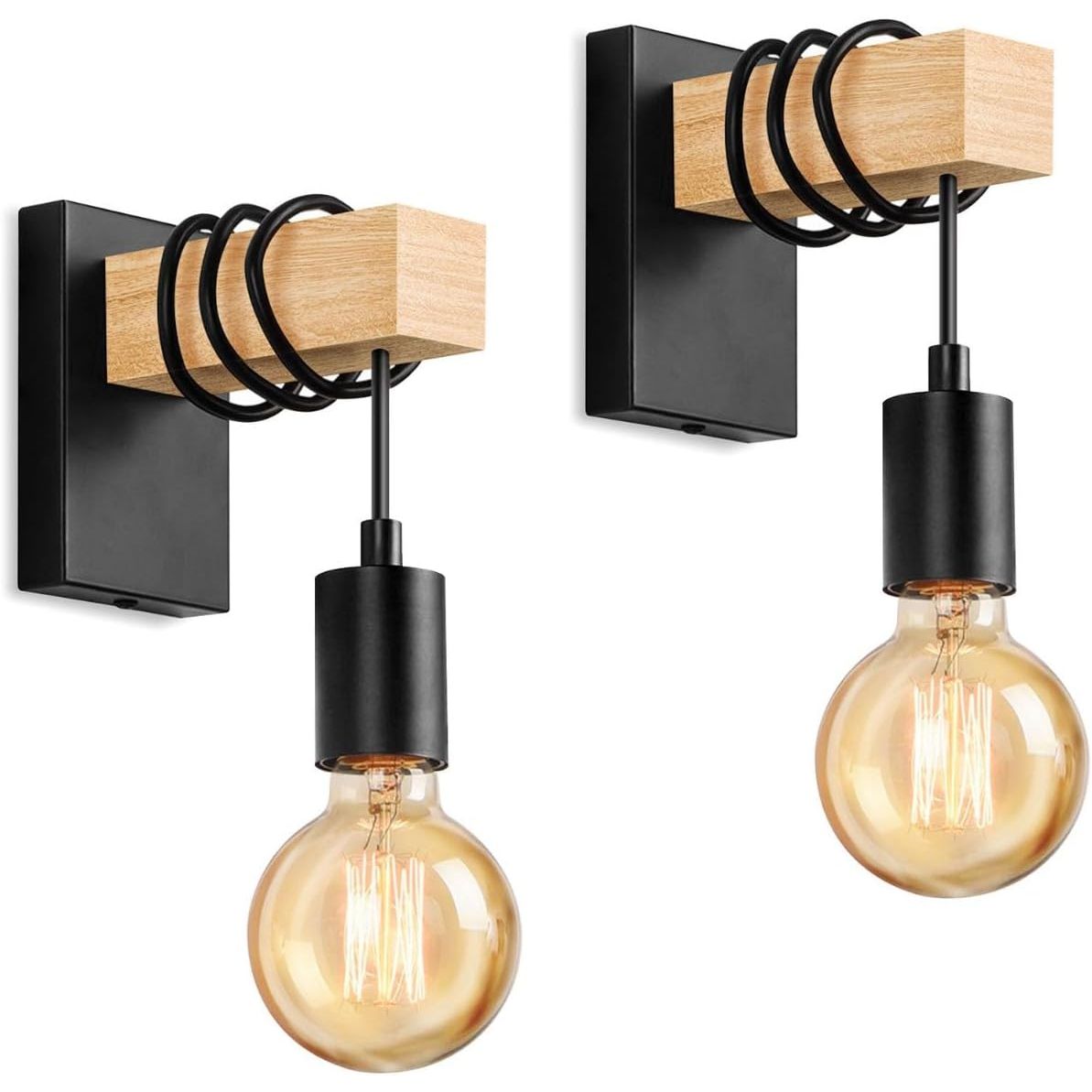 Wooden Wall Light 2 Pack Vintage Industrial E27 Rustic Sconce Black Lightess