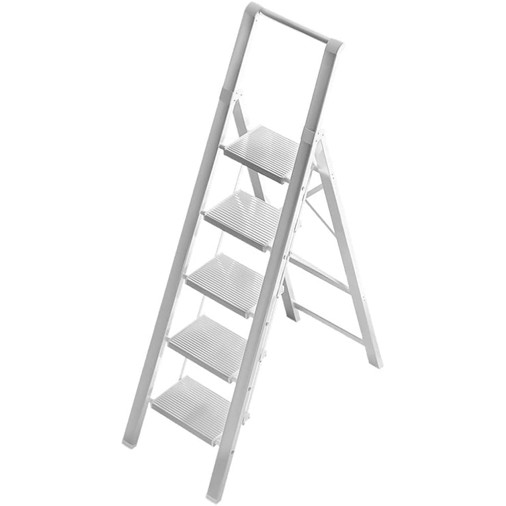 HBTower 5 Step Ladder, Aluminium, Handrails, Foldable, 150kg Capacity, White